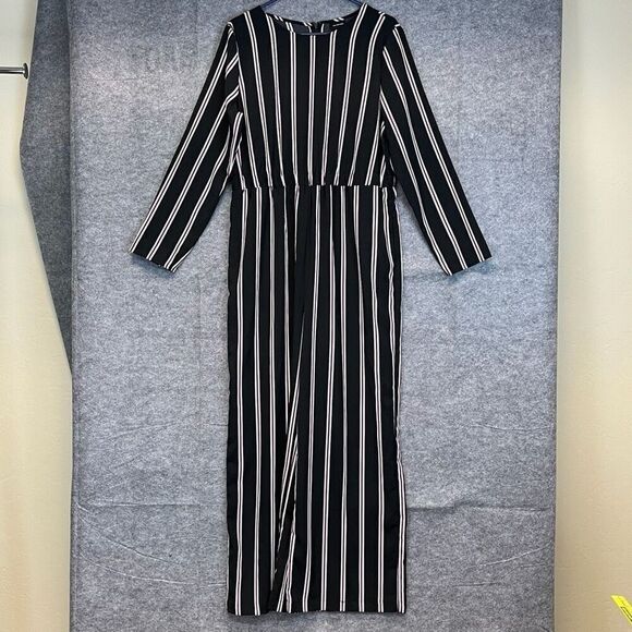 Who What Wear Jumpsuit Women's Black Purple Large Striped Long Sleeve Wide Leg - Picture 2 of 16